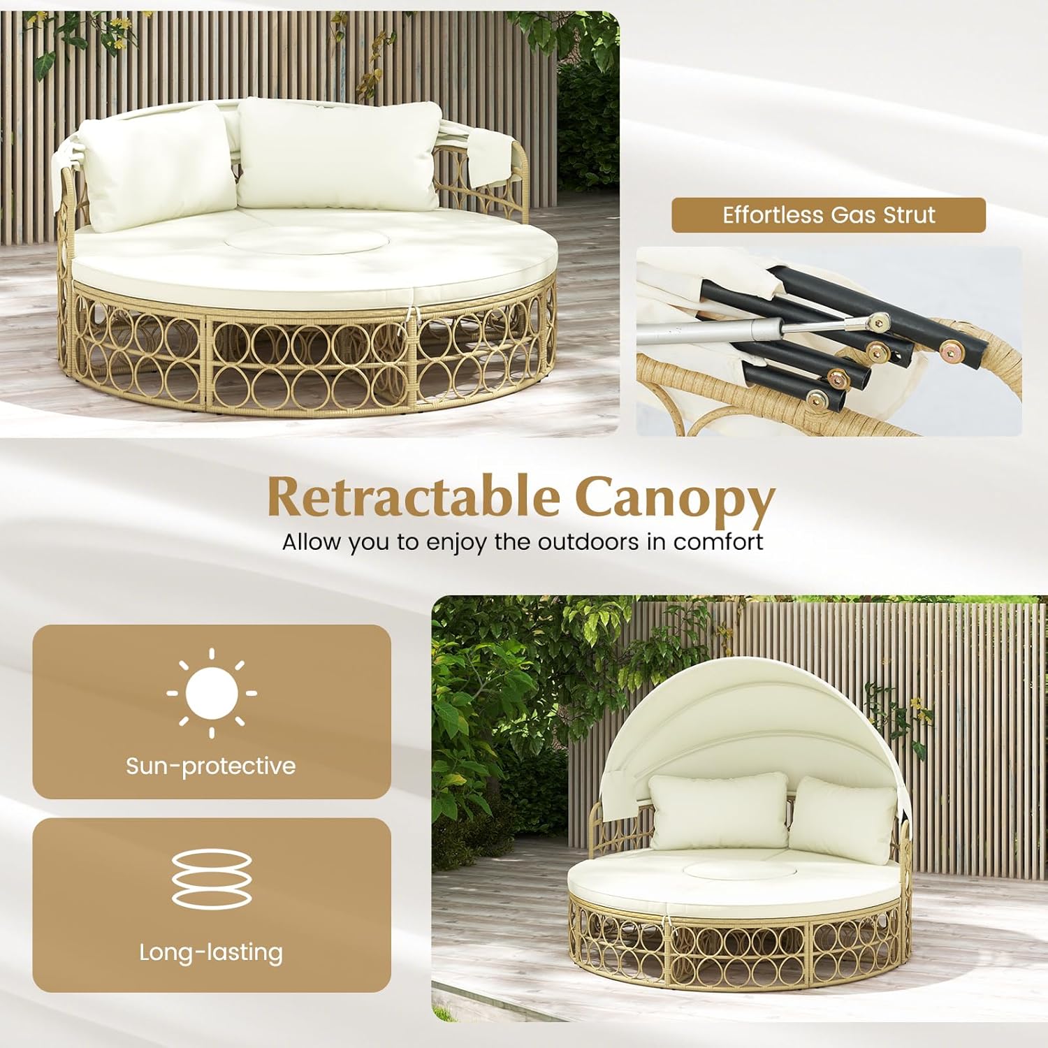 GIANTEX Sofa rozkładana okrągła z wysuwaną markizą, 5-częściowy zestaw mebli ogrodowych PE modułowy leżak rattanowy, zestaw mebli ogrodowych 180 x 150 cm, na werandę, tył, basen, beżowy