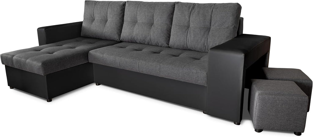 NAWSTOL - Sofa narożna Leon z funkcją spania i skrzynią na pościel – nowoczesna sofa do salonu – możliwość montażu z lewej lub prawej strony (szara + biała sztuczna skóra)