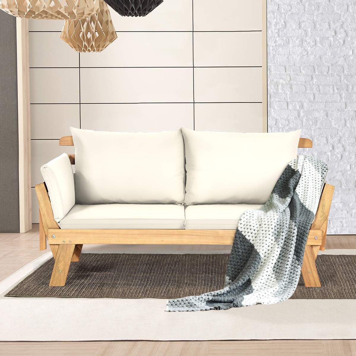 COSTWAY Ławka ogrodowa z funkcją leżenia, sofa ogrodowa z poduszkami i składanym podłokietnikiem, ławka balkonowa z drewna akacjowego, sofa balkonowa, sofa ogrodowa do ogrodu, na taras, balkon, 198 x